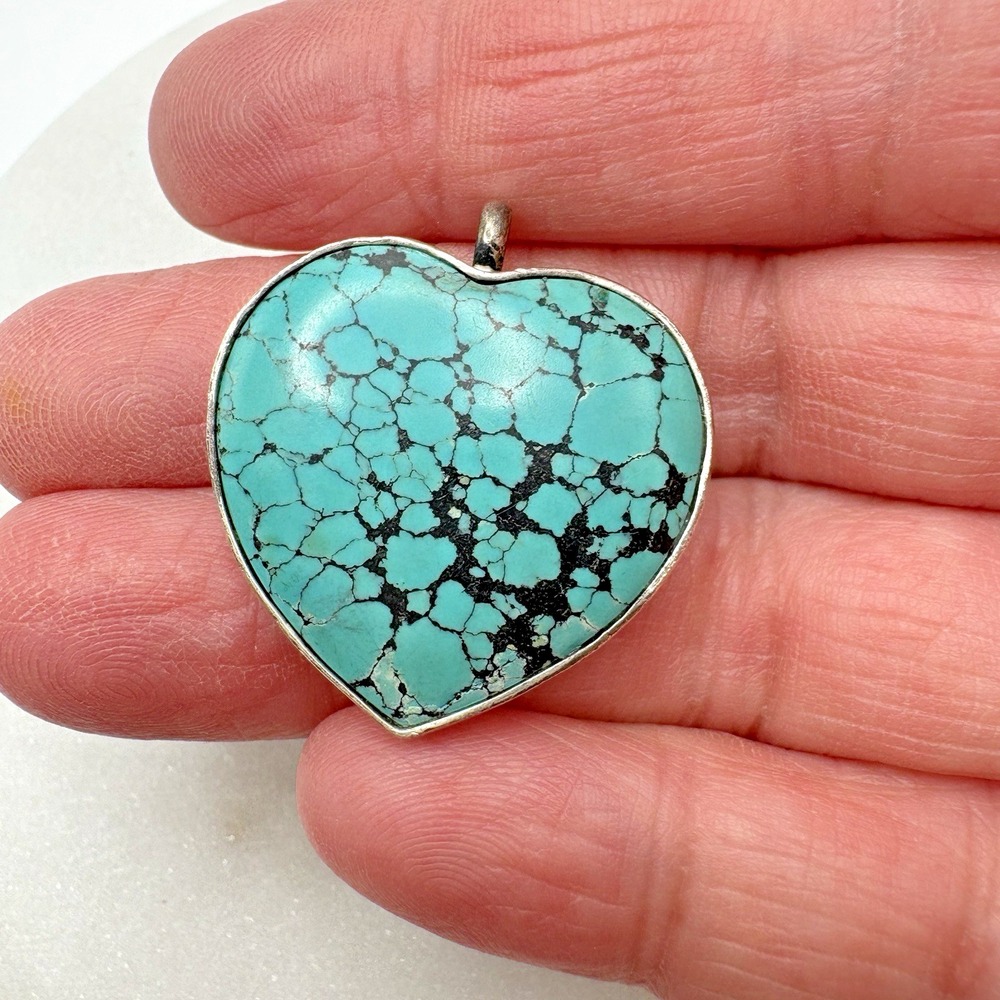 Sterling Silver Turquoise Heart Pendant Bezel Smooth Statement Southwest Boho